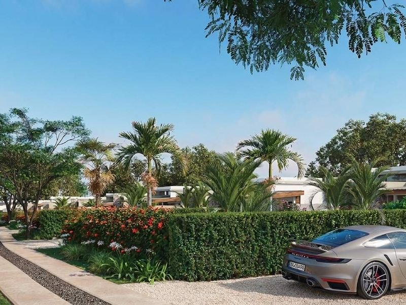 A beautifully landscaped front exterior view of a townhouse development featuring lush greenery, manicured hedges, and a clean paved driveway.