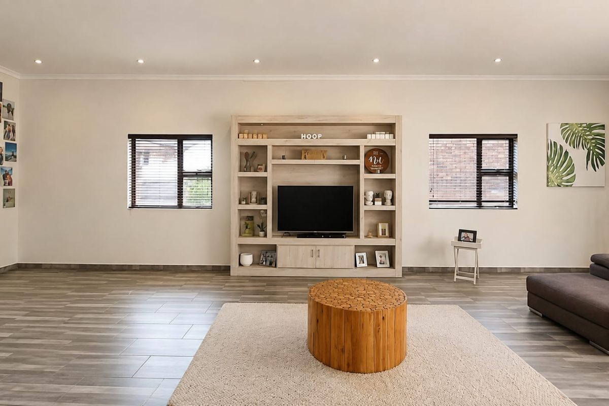 Spacious living room featuring a large built-in media unit, modern tiled flooring, recessed lighting, and dual windows with venetian blinds.