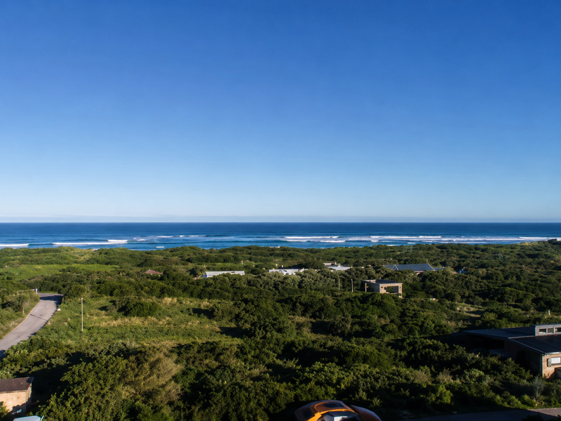 A scenic elevated view overlooking the coastal landscape, lush green vegetation, and the ocean horizon under a clear blue sky.