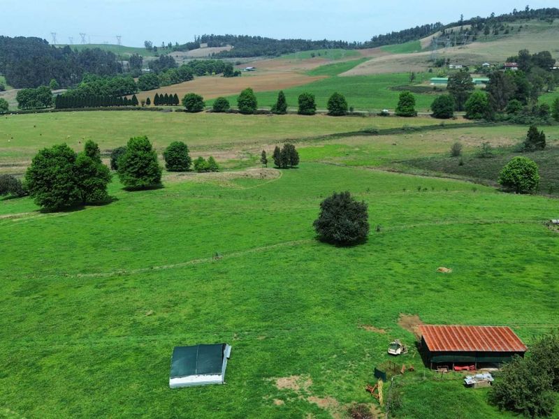 Aerial view of a large small holding property featuring expansive green pastures, perimeter fencing, and an outbuilding with a corrugated metal roof.