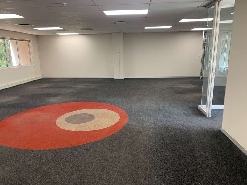 Spacious open-plan office area featuring a suspended ceiling with recessed lighting, large windows, and a glass-partitioned entrance.