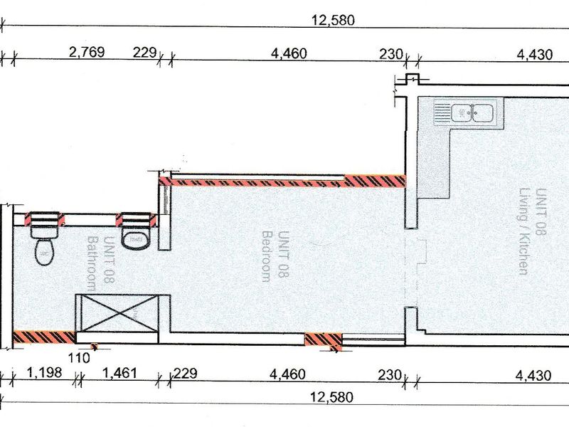 Architectural floor plan for Unit 08, showing a 39.0m² apartment layout including a bedroom, bathroom, and open-plan living/kitchen area.
