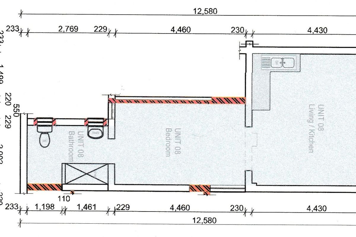 Architectural floor plan for Unit 08, showing a 39.0m² apartment layout including a bedroom, bathroom, and open-plan living/kitchen area.