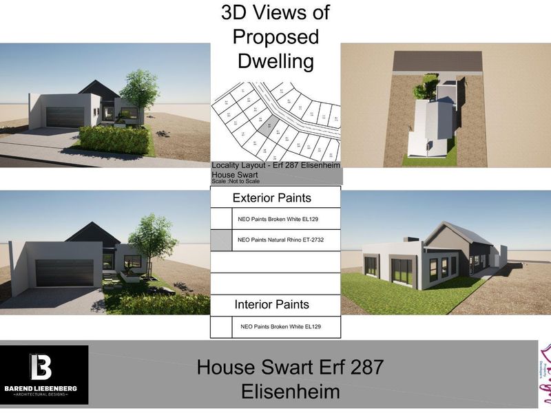 Architectural presentation board showing 3D renderings, site layout, and paint specifications for a proposed residential dwelling.