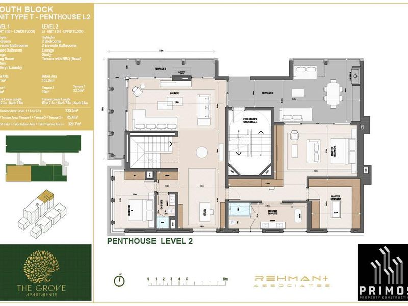 Architectural floor plan for the penthouse level, detailing the layout of bedrooms, en-suite bathrooms, lounge, study, and terrace areas.