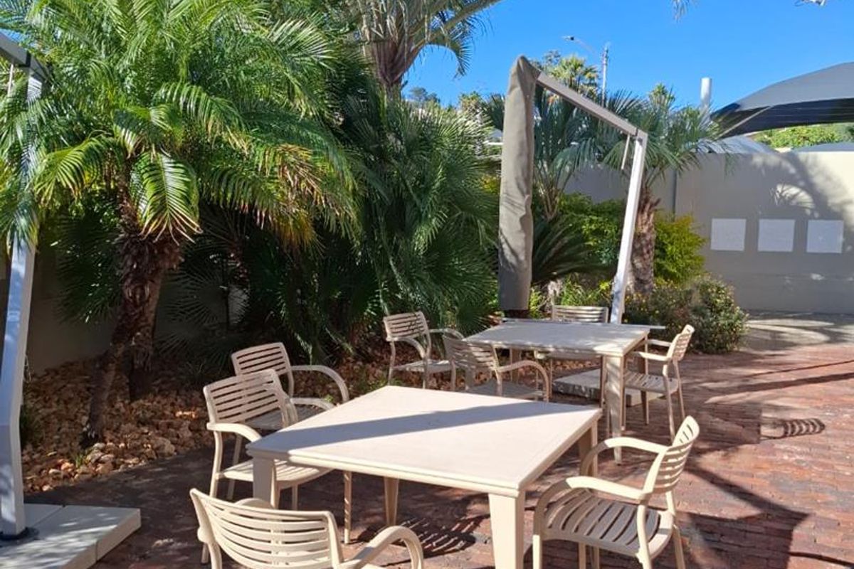 Outdoor patio area featuring brick paving and established palm trees, providing a pleasant space for office staff or client relaxation.