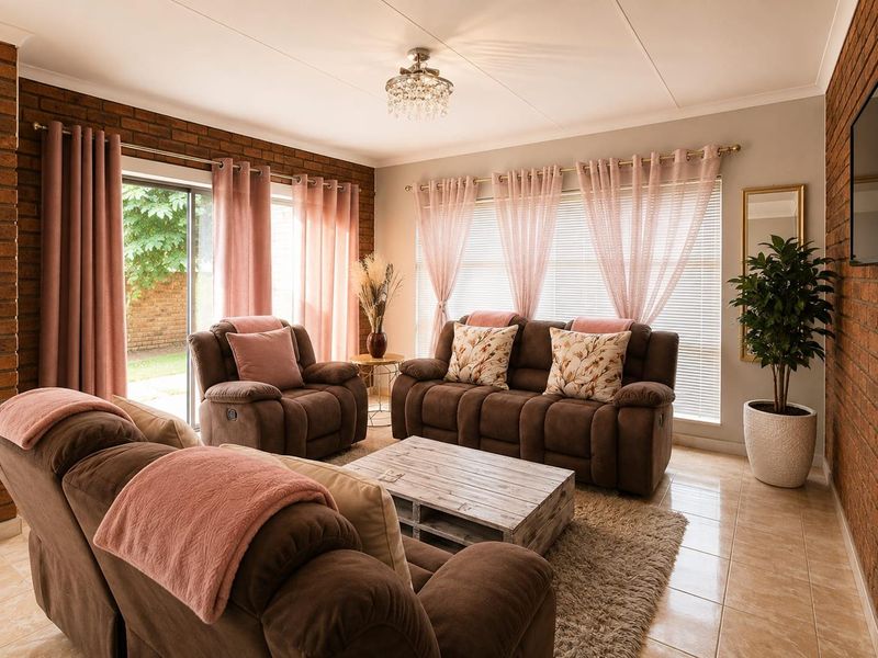 A well-maintained living room featuring exposed brick walls, tiled flooring, and large windows that provide ample natural light and access to the garden.