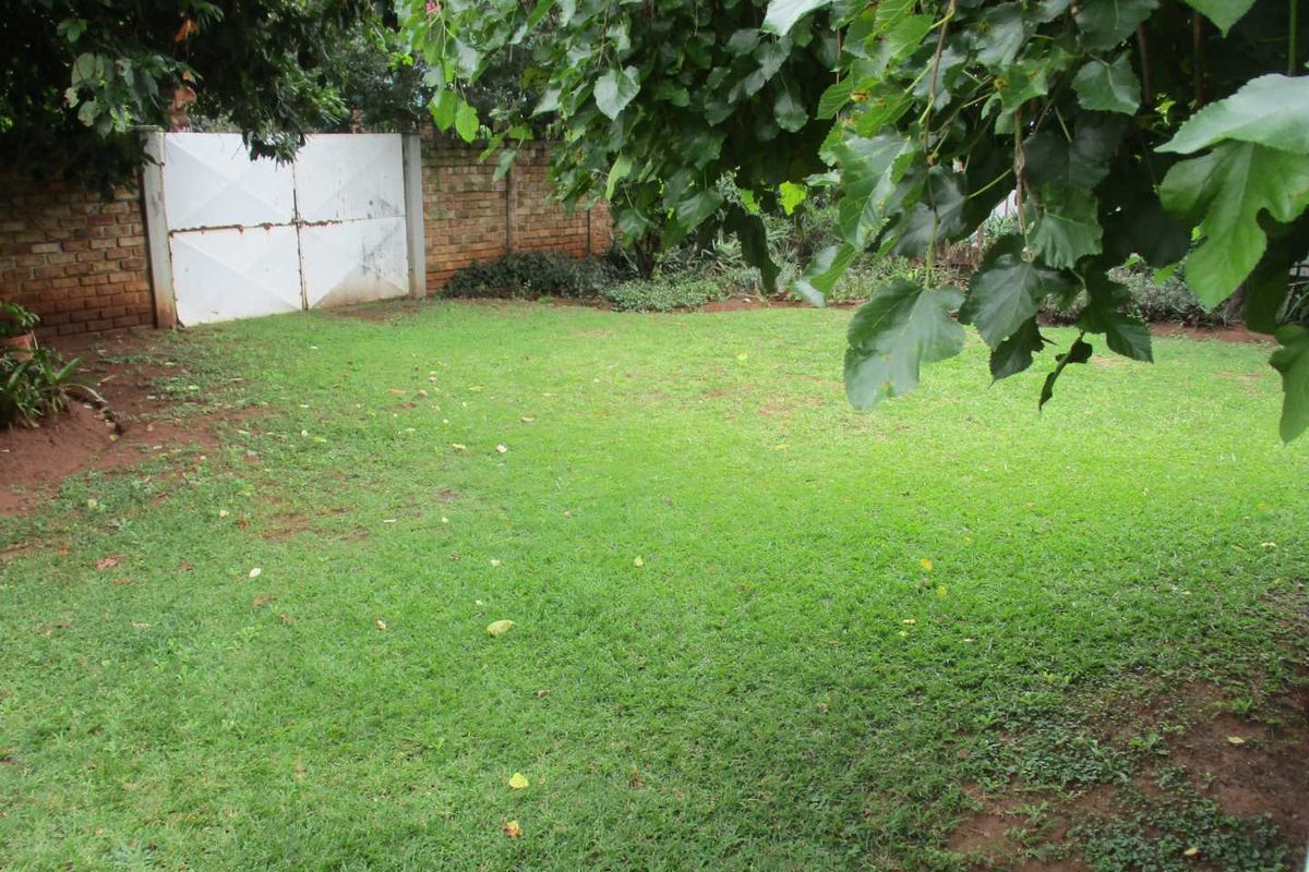 A private backyard garden featuring a grass lawn, mature trees, and a brick boundary wall with a metal gate.