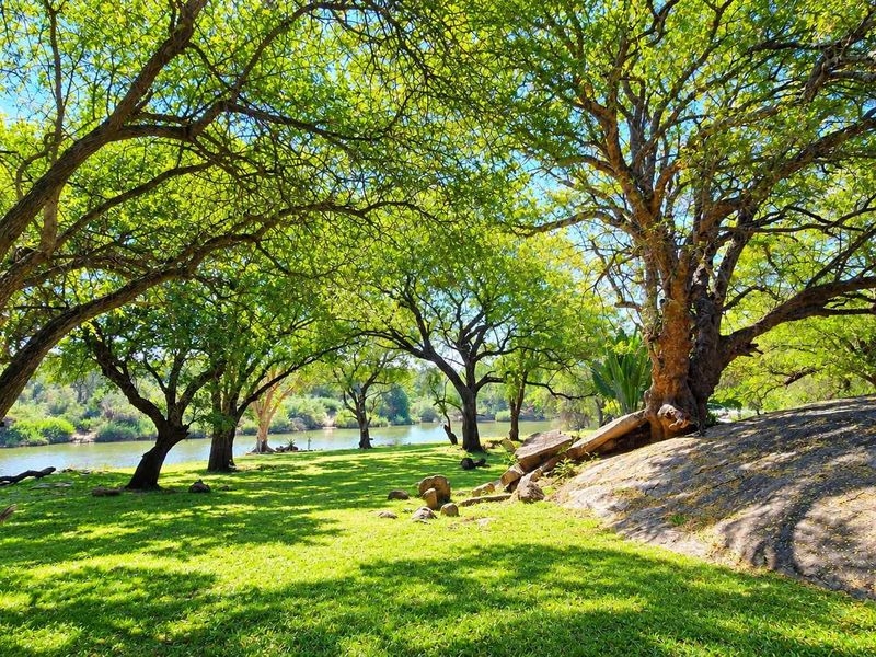 A scenic, well-maintained garden area featuring mature trees, natural rock formations, and direct access to the riverbank.