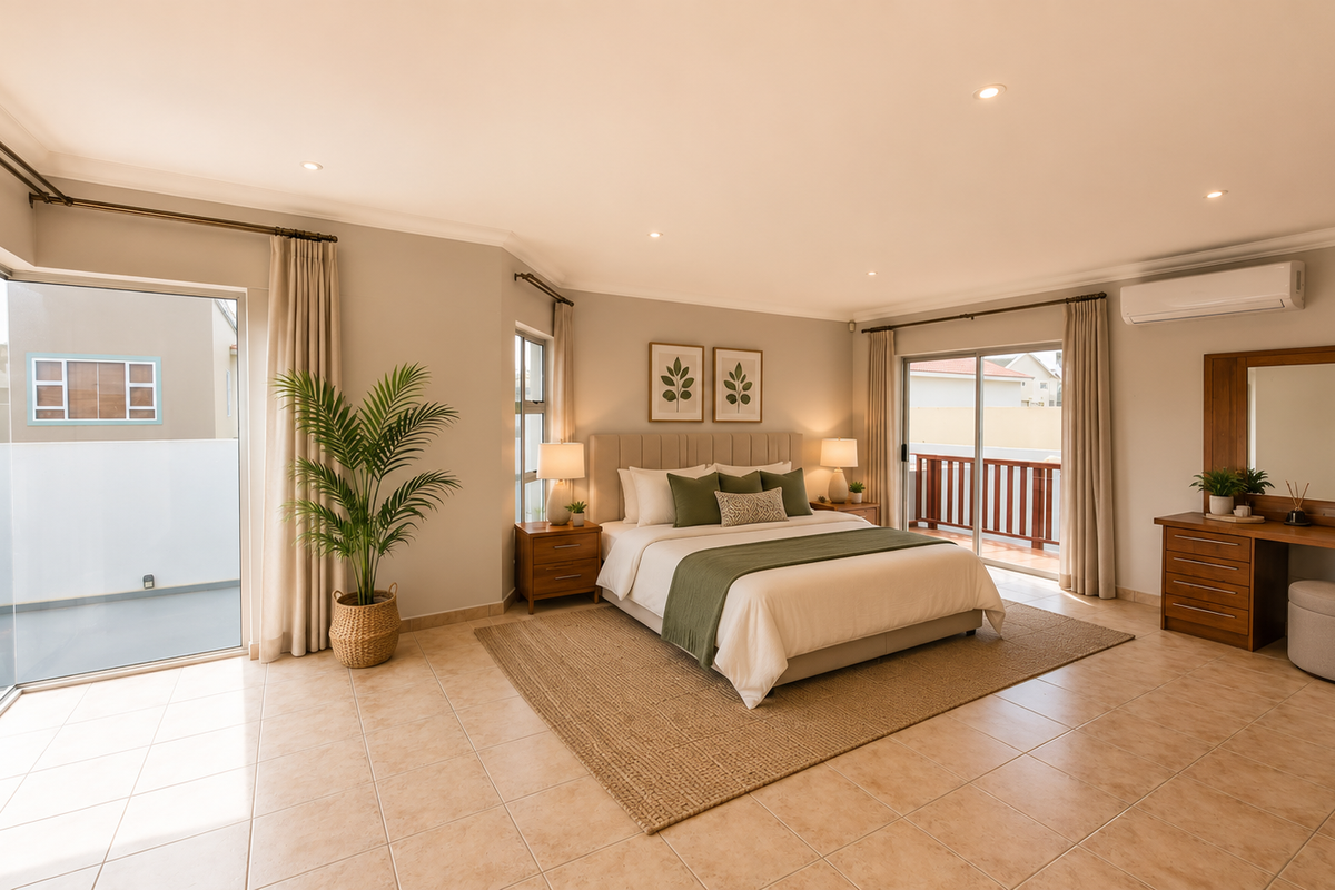 Spacious bedroom featuring tiled flooring, recessed lighting, a wall-mounted air conditioning unit, and large sliding glass doors providing access to a private balcony.