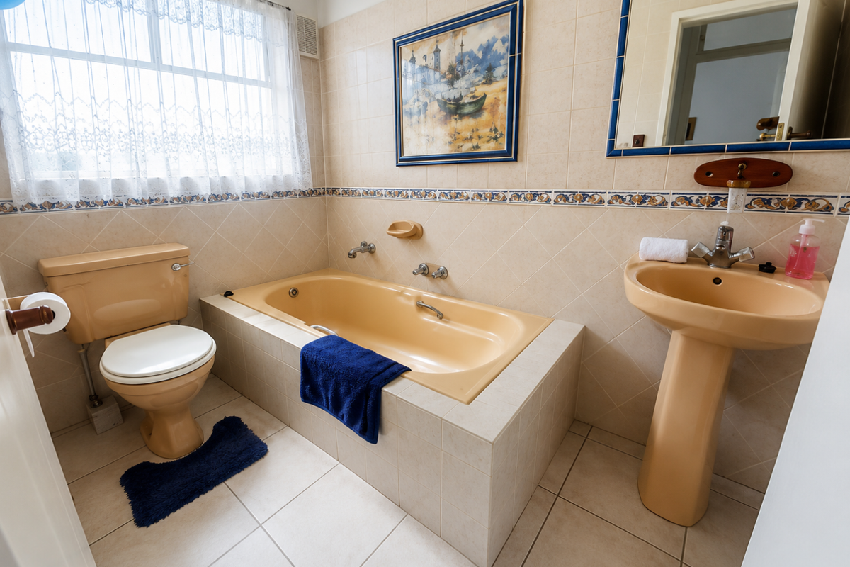 A dated bathroom featuring a peach-colored suite, including a built-in bathtub, pedestal basin, and toilet, complemented by neutral wall and floor tiling.