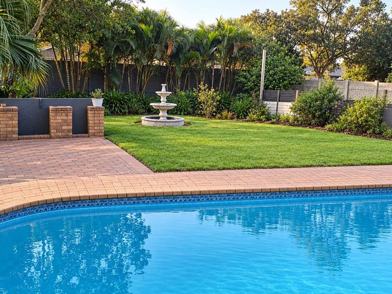 A well-maintained outdoor pool area featuring a clear swimming pool, brick paved surround, central stone fountain, and a lush landscaped garden with boundary walls.