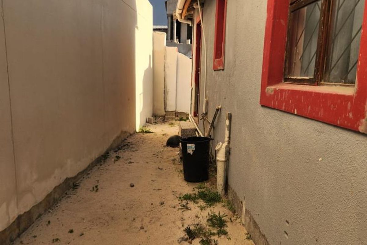 A narrow side passage of the property featuring exterior walling, guttering, and unpaved ground area requiring maintenance.