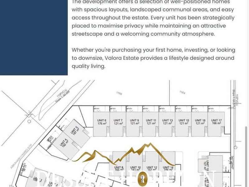 A site layout plan for Valora Estate showing the positioning and sizes of various townhouse units within the community.