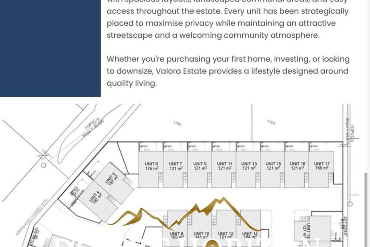 A site layout plan for Valora Estate showing the positioning and sizes of various townhouse units within the community.