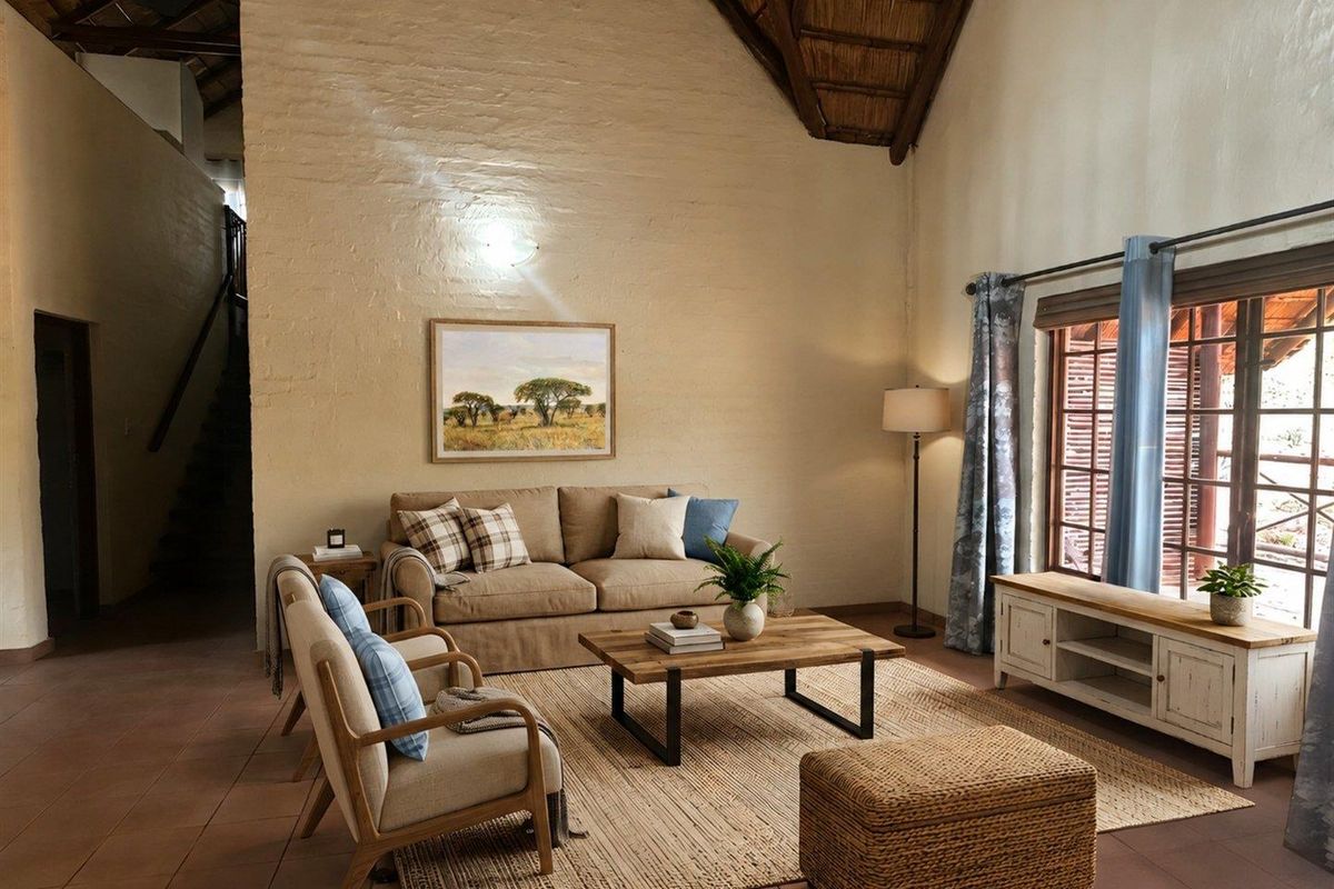 Spacious living room featuring high vaulted ceilings with exposed timber beams, tiled flooring, and large windows allowing for natural light.