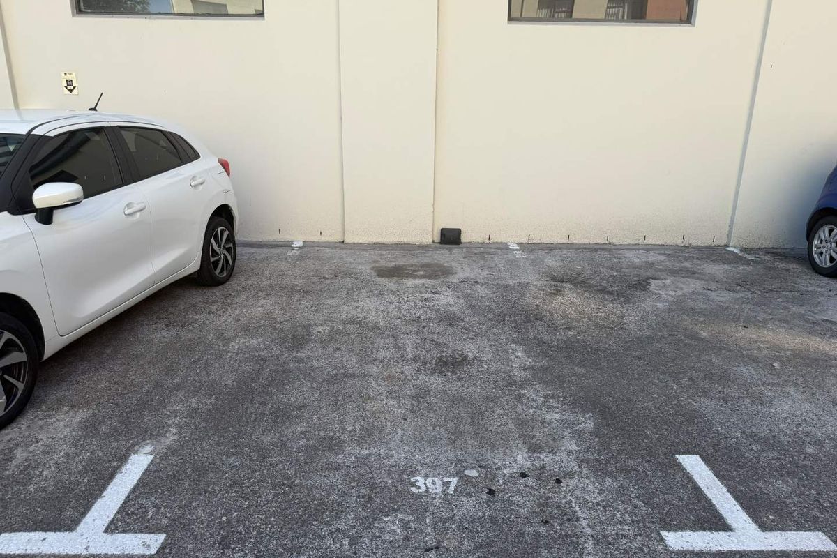 An outdoor parking bay marked number 397, situated against an exterior building wall with high-level windows.
