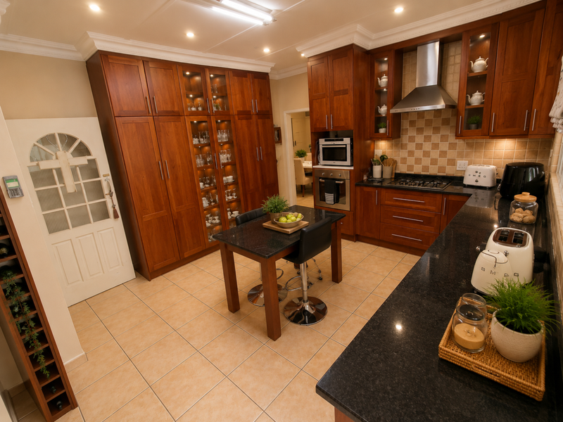 A well-appointed kitchen featuring rich timber cabinetry, granite countertops, integrated appliances, and a central island, offering ample storage and functional workspace.