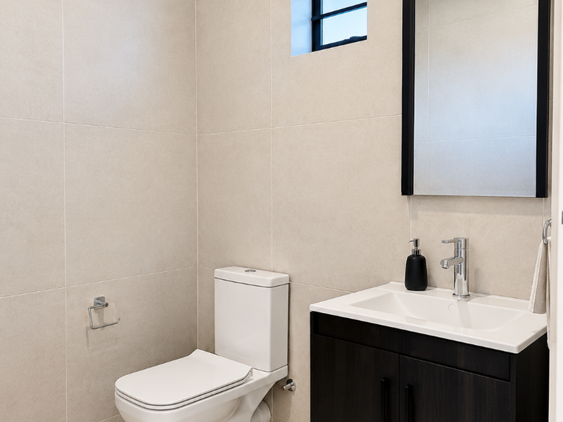 A modern, well-maintained bathroom featuring a wall-mounted vanity with a basin, a sleek toilet, and neutral floor-to-ceiling wall tiles.