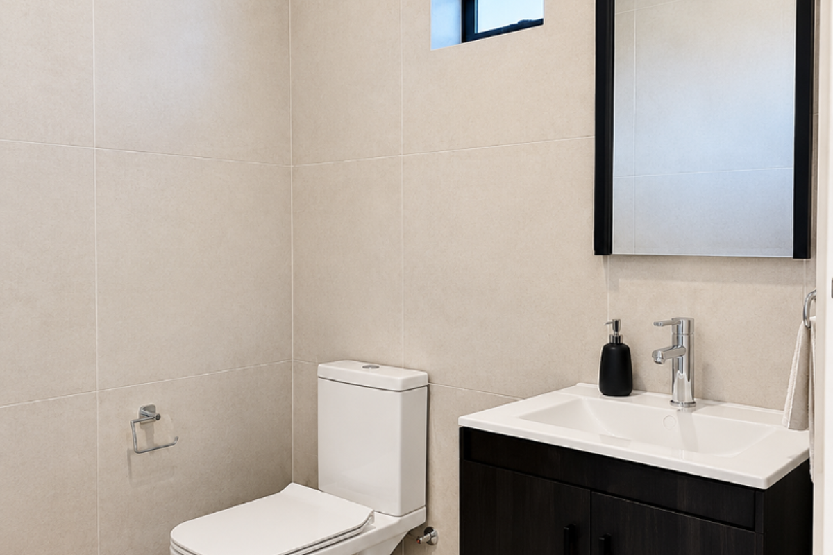 A modern, well-maintained bathroom featuring a wall-mounted vanity with a basin, a sleek toilet, and neutral floor-to-ceiling wall tiles.
