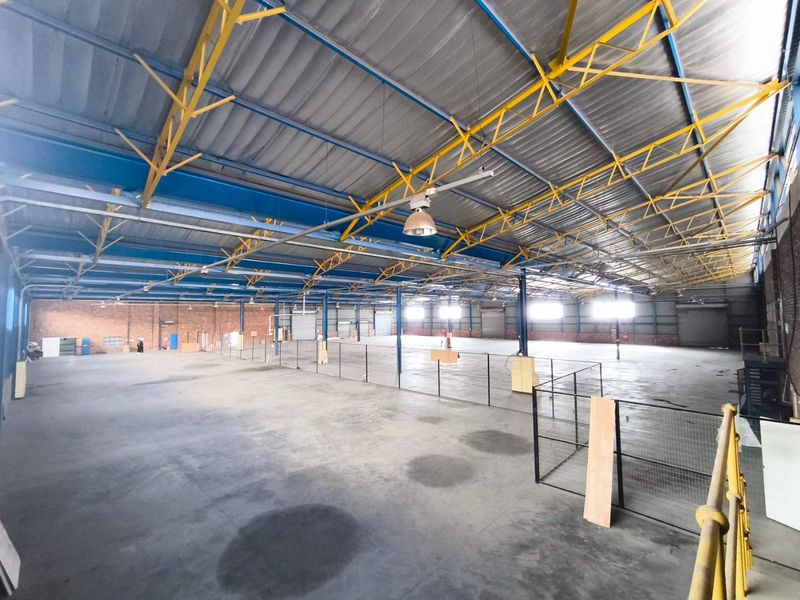 Expansive industrial warehouse space featuring high ceilings with exposed steel trusses, concrete flooring, and multiple roller shutter doors for efficient logistics and operations.