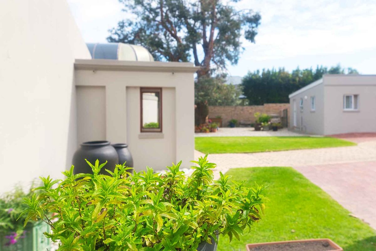 A well-maintained rear garden area featuring a paved driveway, manicured lawn, and perimeter boundary walls, providing a clean and accessible outdoor space.