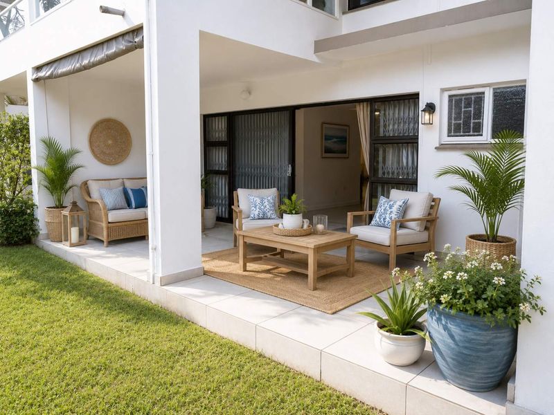 A covered patio area featuring tiled flooring, sliding glass doors with security gates, and a retractable awning, overlooking a private garden.