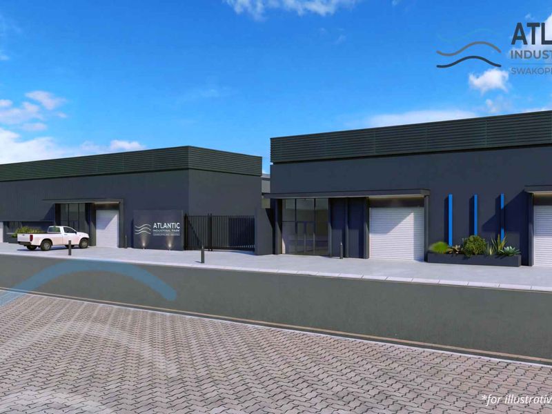 Modern industrial park facade featuring dark metal cladding, roller shutter doors, and paved driveway access in a professional business park setting.
