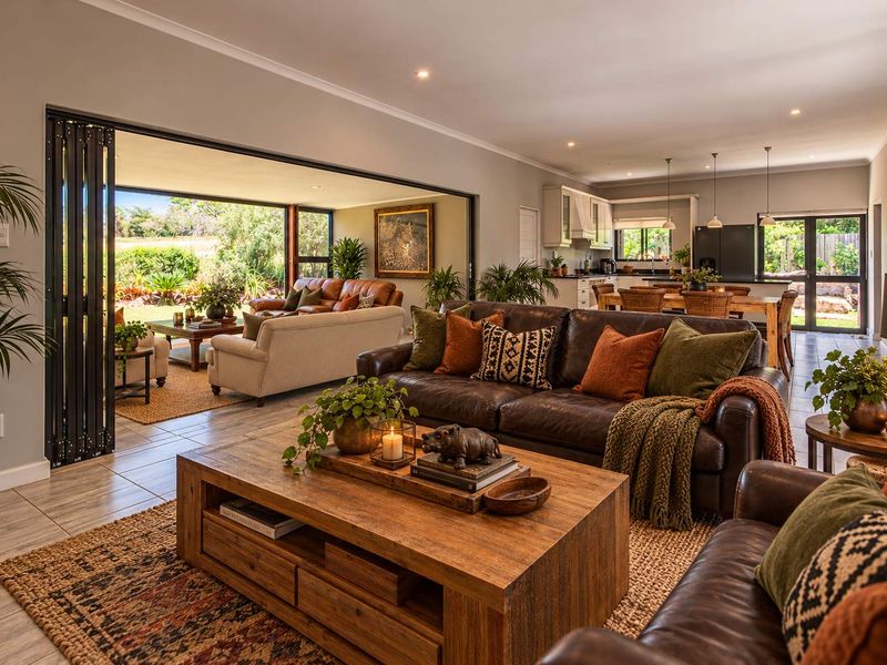 Spacious open-plan living area featuring tiled floors, recessed lighting, and large bi-fold doors that seamlessly connect the interior to the outdoor patio space.