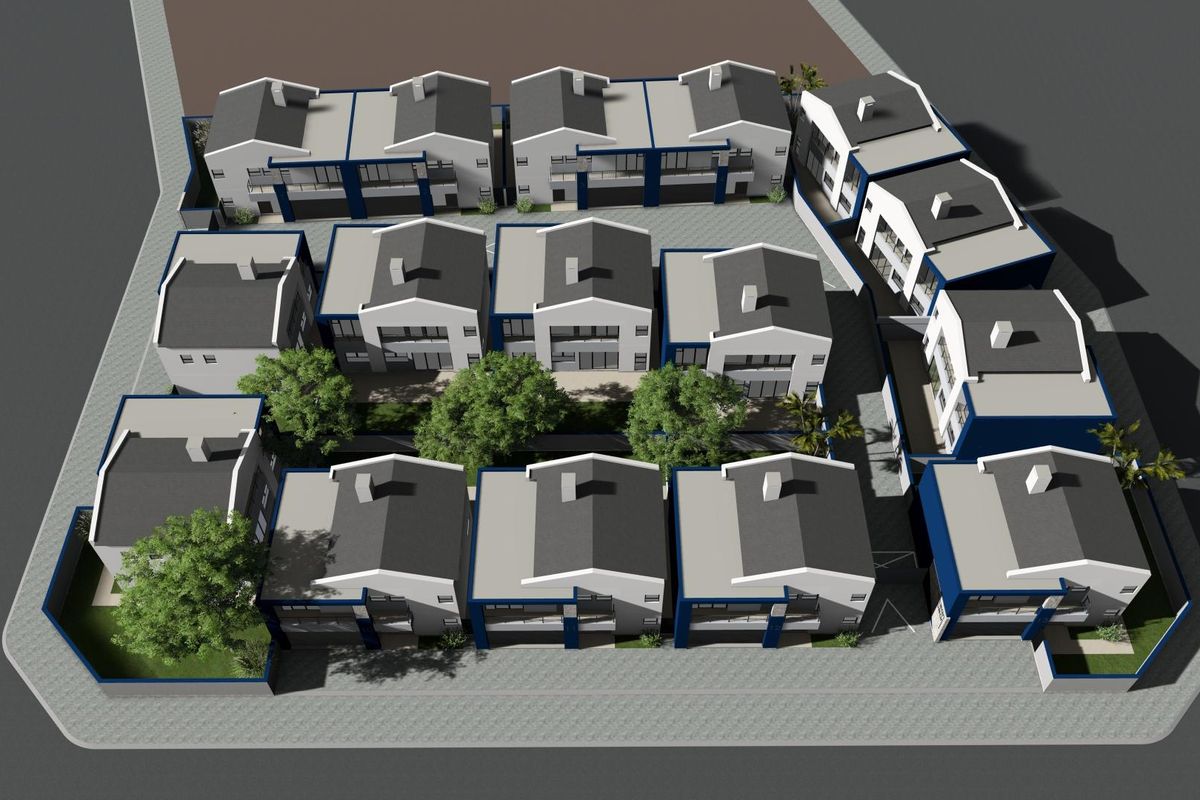 An aerial 3D render showing the site layout of a townhouse development with multiple units, paved driveways, and landscaped communal garden areas.