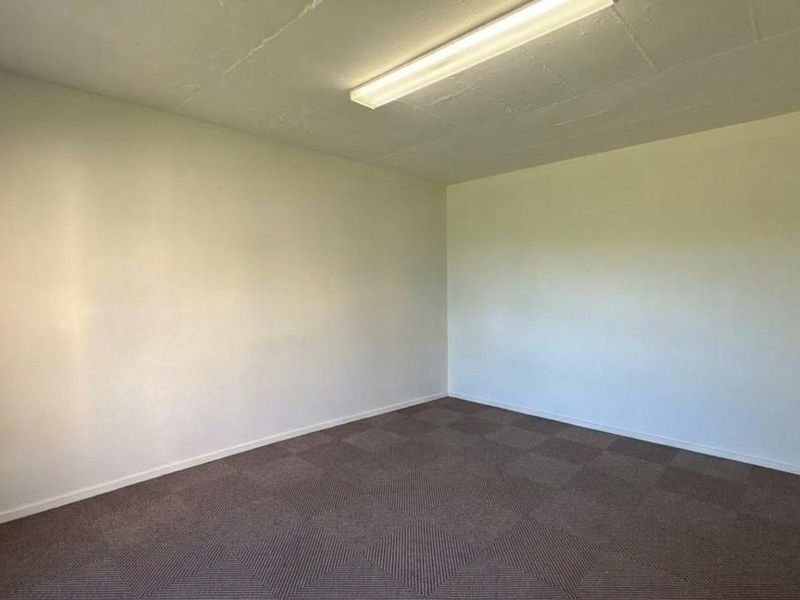 A clean, empty office space featuring neutral walls, carpeted flooring, and a functional overhead fluorescent light fixture.