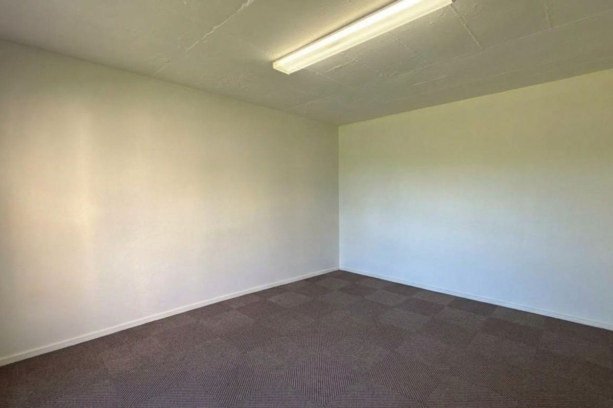A clean, empty office space featuring neutral walls, carpeted flooring, and a functional overhead fluorescent light fixture.