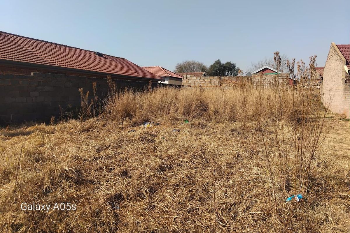 A view of a vacant residential plot enclosed by perimeter masonry walls, featuring overgrown dry grass and vegetation.