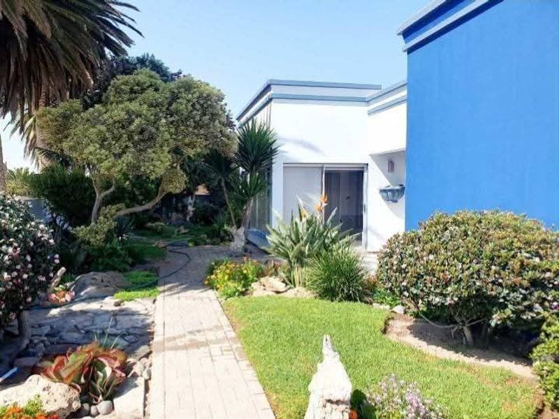 A well-maintained rear garden featuring a paved walkway leading to a sliding glass door entrance, surrounded by established landscaping and shrubs.