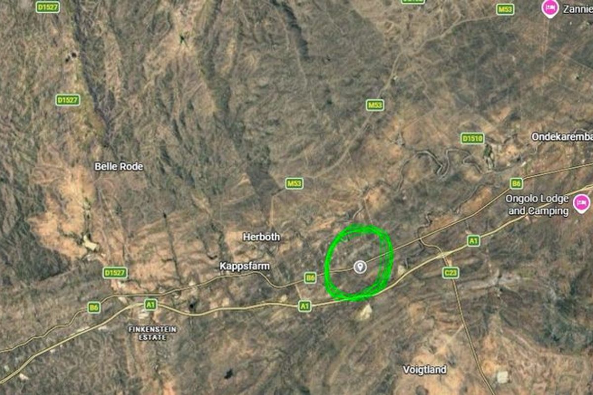 An aerial satellite map view showing the location of the vacant land residential property in relation to Windhoek and surrounding areas.