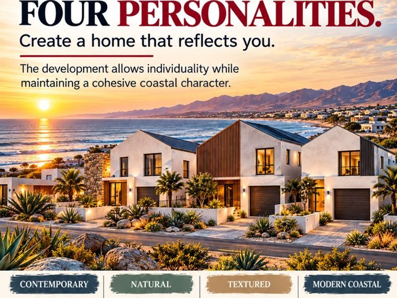 Promotional marketing material for a new coastal residential development in Henties Bay, showcasing modern architectural styles and coastal landscaping.