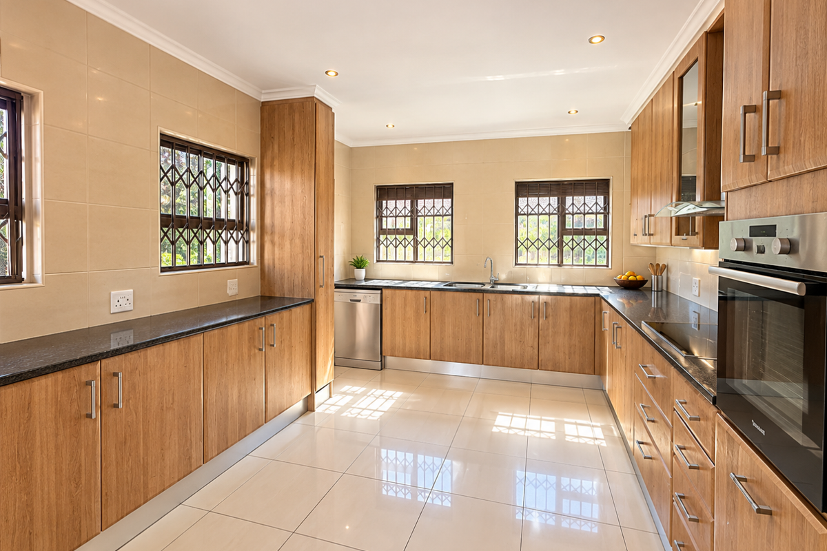 A well-maintained kitchen featuring wood-finish cabinetry, granite countertops, integrated stainless steel appliances, tiled flooring, and ample natural light through security-barred windows.