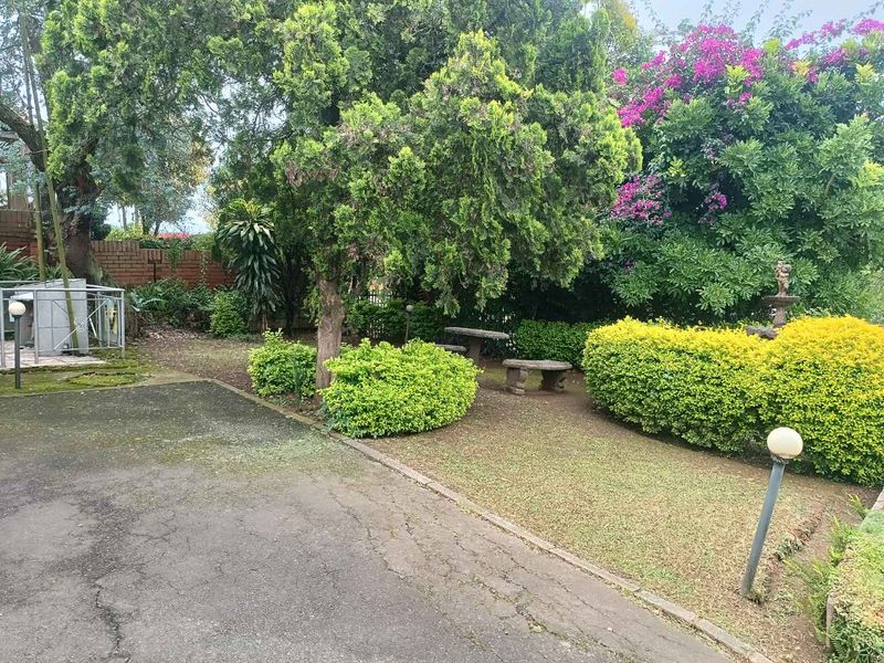 A landscaped garden area featuring mature trees, manicured hedges, a stone fountain, and a paved driveway with some visible wear.