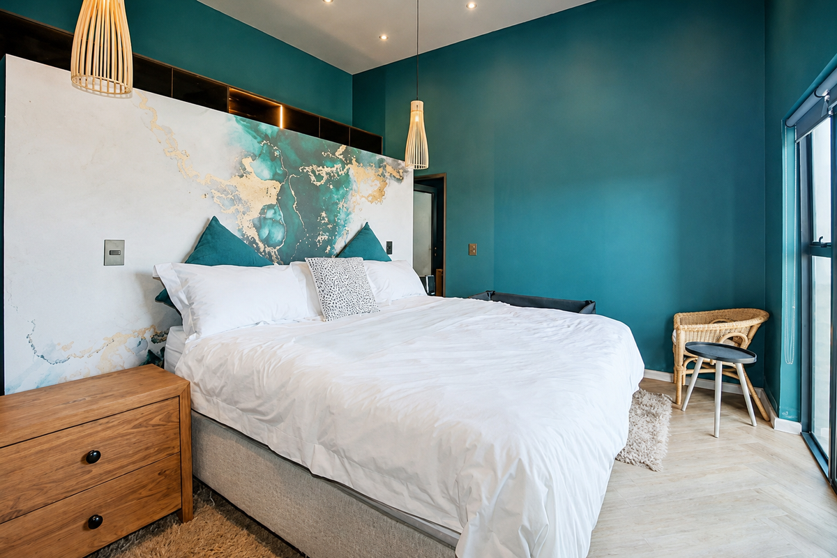 A modern bedroom featuring a striking marble-effect feature wall, integrated overhead cabinetry, recessed downlighting, and light-toned herringbone flooring.