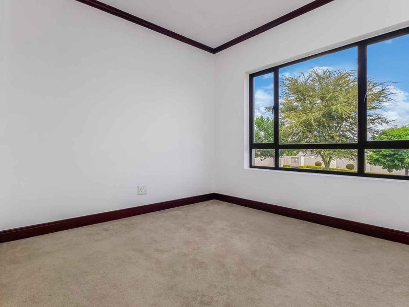 A bright, empty bedroom featuring neutral carpeting, dark trim detailing, and a large window providing natural light and exterior views.