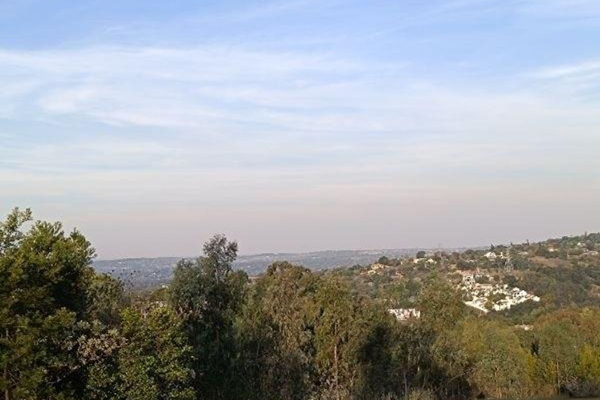 A scenic elevated view overlooking a lush, tree-filled landscape and distant residential neighborhood.