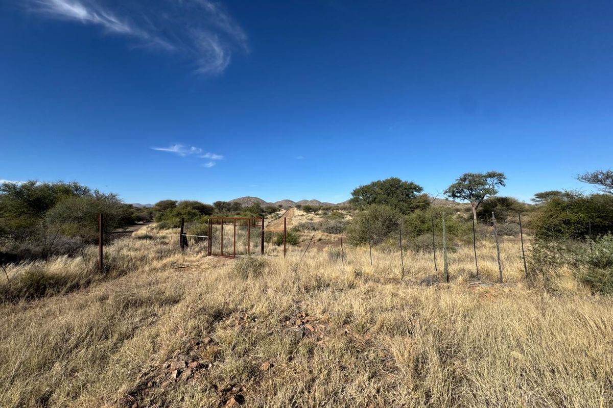 Expansive open veld area featuring natural vegetation, wire perimeter fencing, and a metal access gate under a clear blue sky.