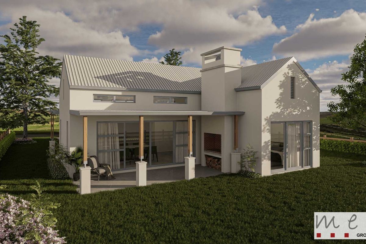 A modern architectural rendering of a house exterior featuring a covered patio, built-in fireplace, and large glass sliding doors.