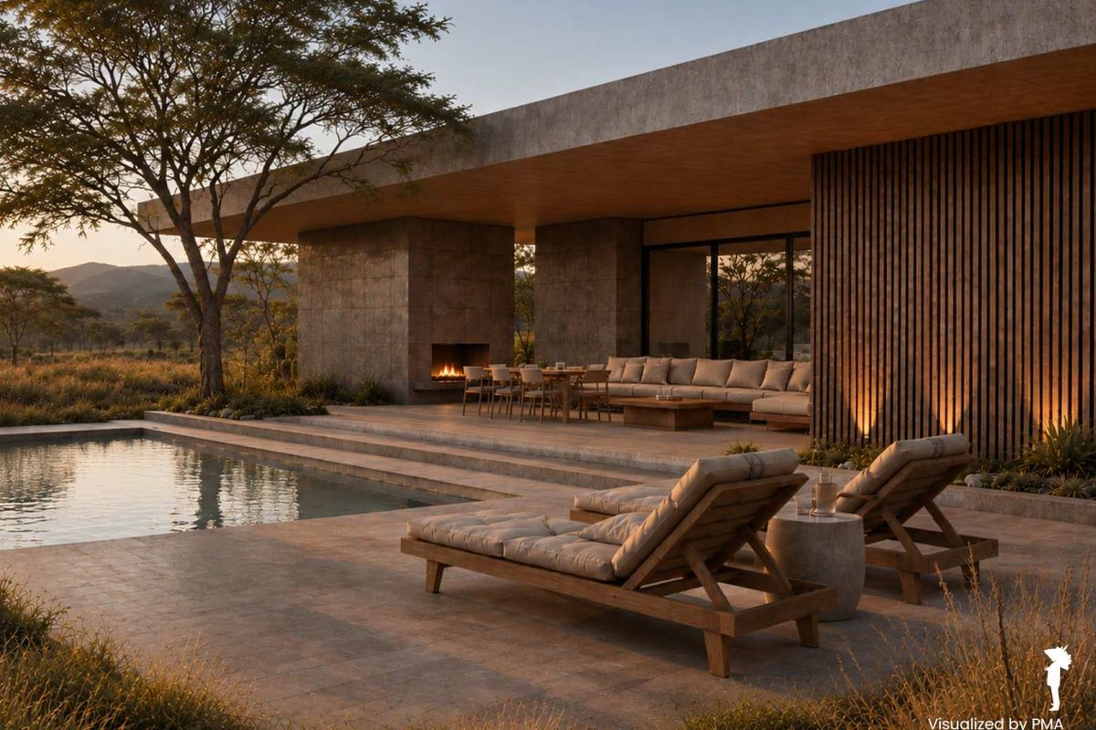 A luxurious outdoor pool area featuring a stone patio, built-in fireplace, and modern timber slat architectural details overlooking a natural landscape.