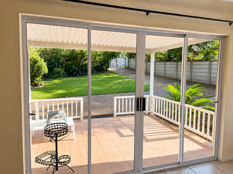 A bright, covered patio area featuring tiled flooring, white balustrades, and sliding glass doors that open onto a well-maintained garden and paved driveway.