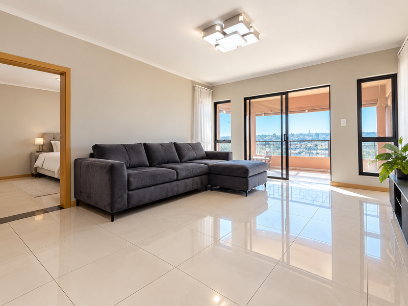 A bright and modern living room featuring polished porcelain floor tiles, large sliding glass doors leading to a balcony, and contemporary ceiling lighting.