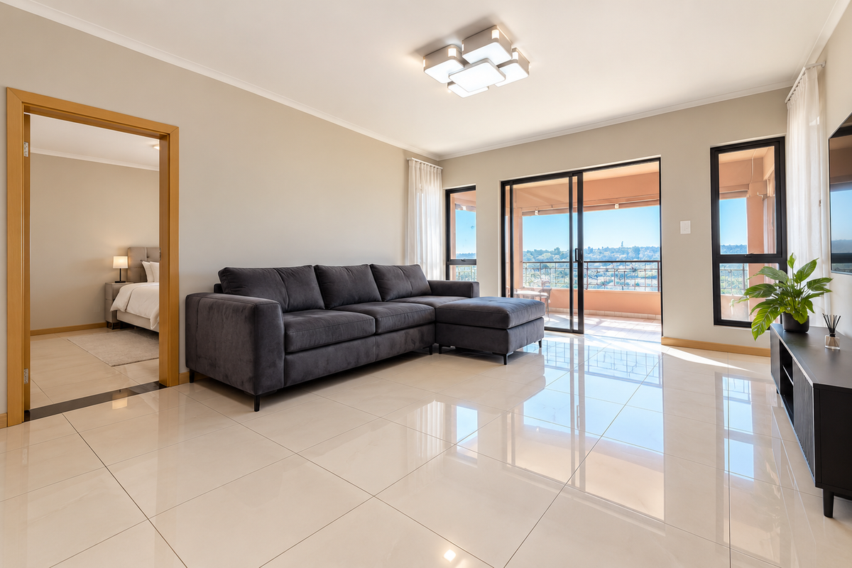 A bright and modern living room featuring polished porcelain floor tiles, large sliding glass doors leading to a balcony, and contemporary ceiling lighting.