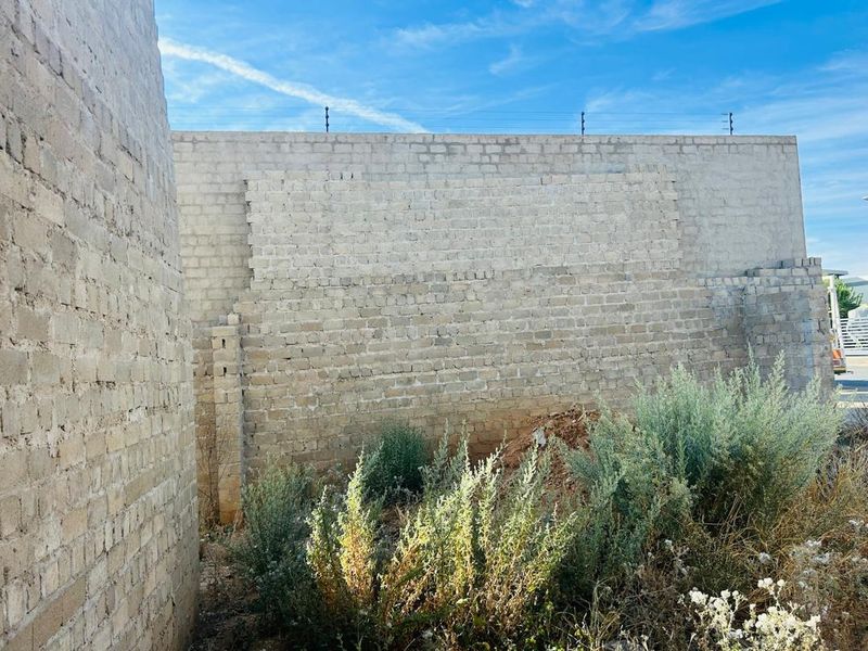 A view of an unfinished perimeter brick wall with electric fencing, featuring unlandscaped ground and overgrown vegetation in the rear yard area.