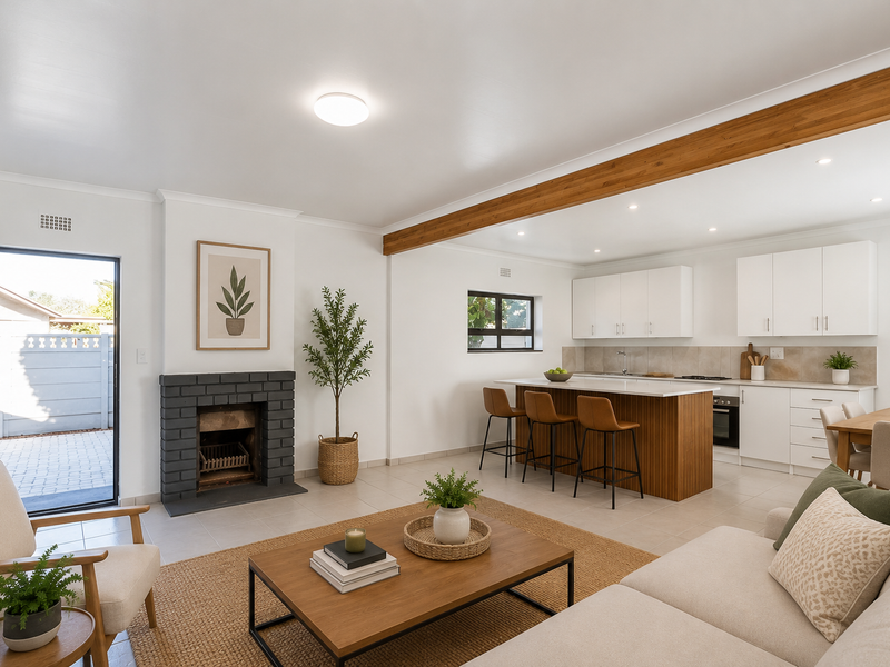 Bright open-plan living and kitchen area featuring a brick fireplace, timber ceiling beam, modern cabinetry, and a central kitchen island with breakfast bar seating.