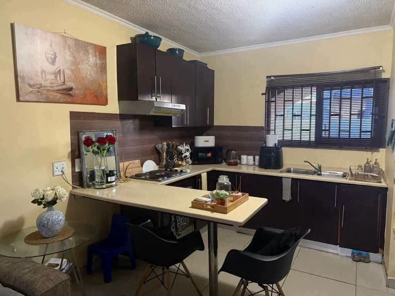 A functional kitchen featuring dark cabinetry, laminate countertops, a built-in hob with extractor fan, and a stainless steel sink with a tiled backsplash.